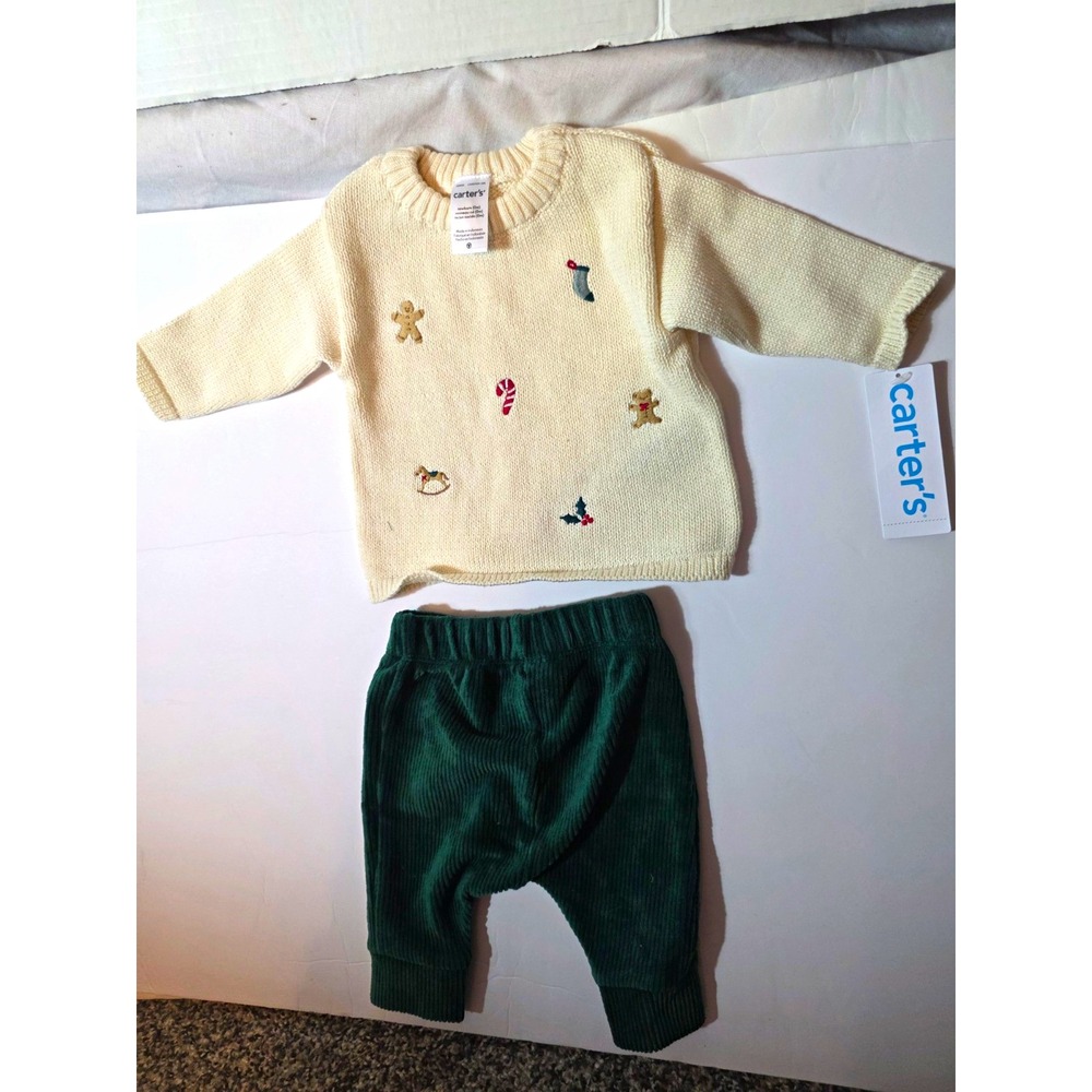 Carter's Newborn 2pc Sweater & Pants Set Cream/Green Holiday Gingerbread